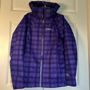 Columbia coat purple plaid size medium detachable hood zip front pockets & vents